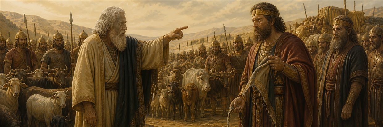 Samuel confronting Saul beside captured livestock and the spared Amalekite king